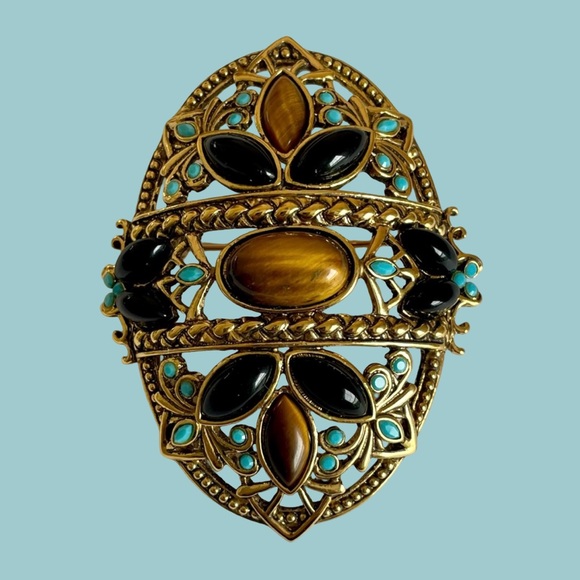 Vintage Joan Rivers Gold Plated Oval Brooch With Tiger’s Eye And Resin Stones - Picture 2 of 6